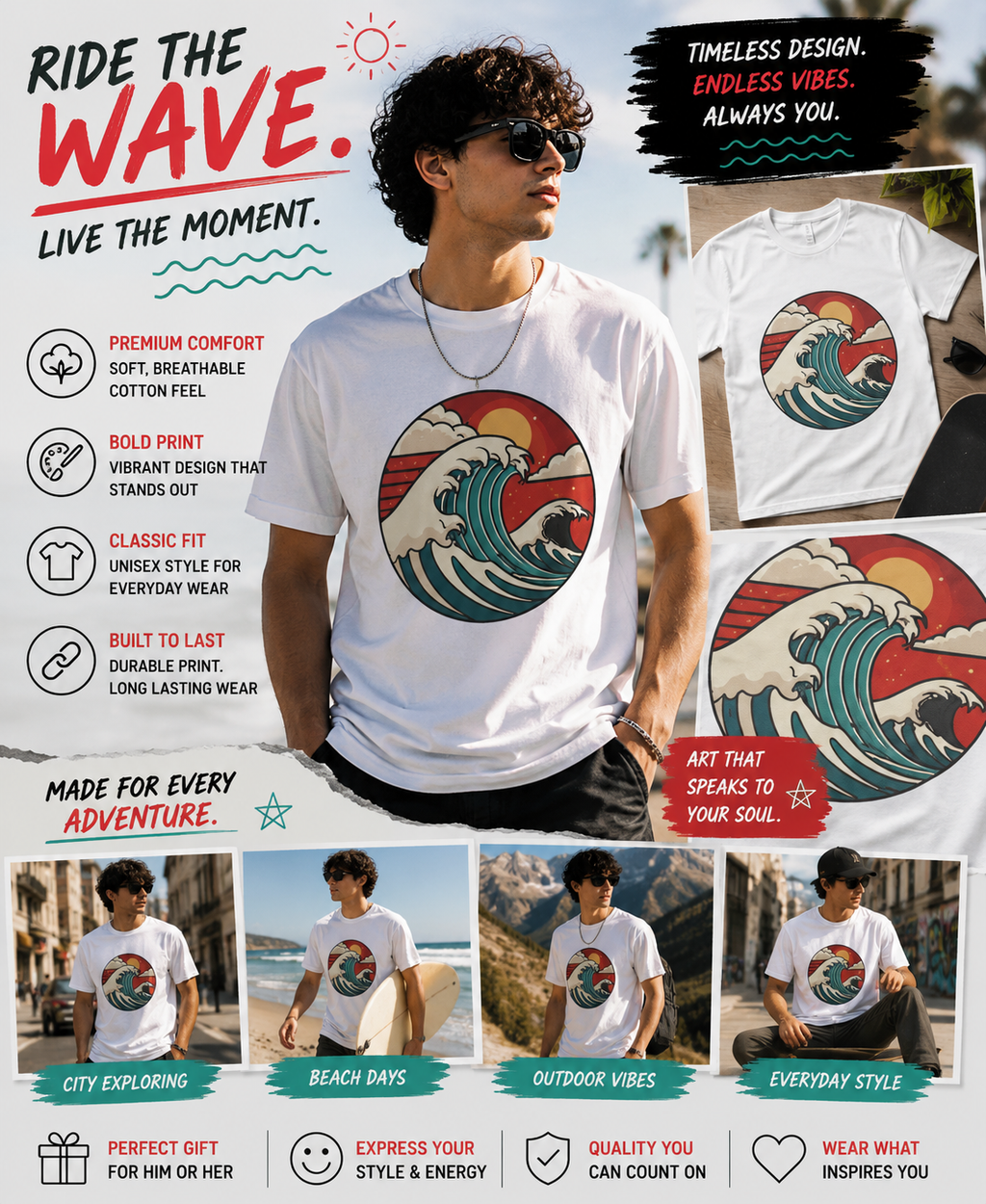 Ride The Wave Graphic T-Shirt | Coastal Retro Ocean Tee