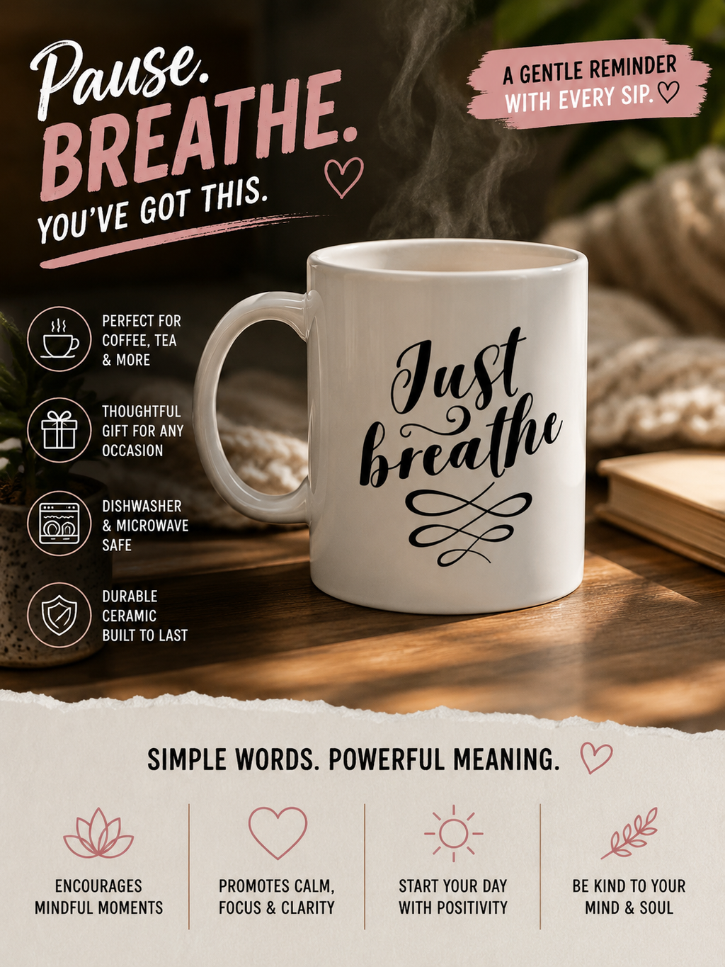 Just Breathe Inspirational Coffee Mug | Mindfulness Ceramic Mug