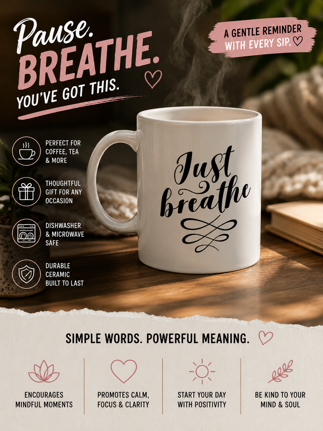 Just Breathe Inspirational Coffee Mug | Mindfulness Ceramic Mug