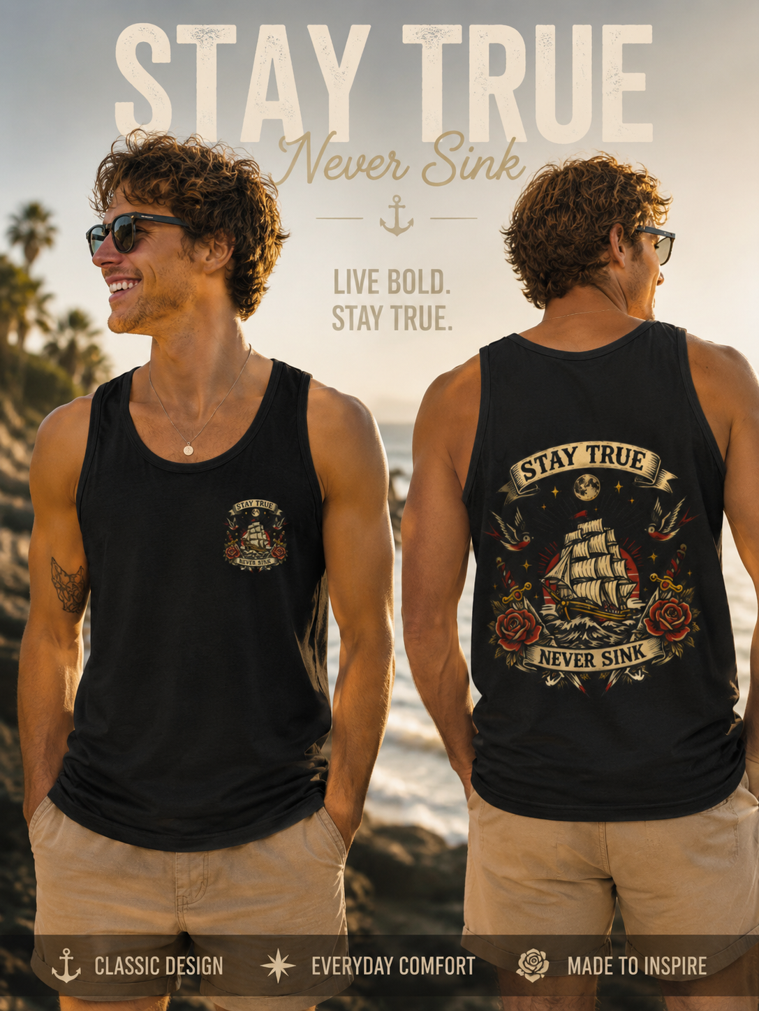 Stay True Never Sink Unisex Tank Top | Nautical Tattoo Style Summer Tank