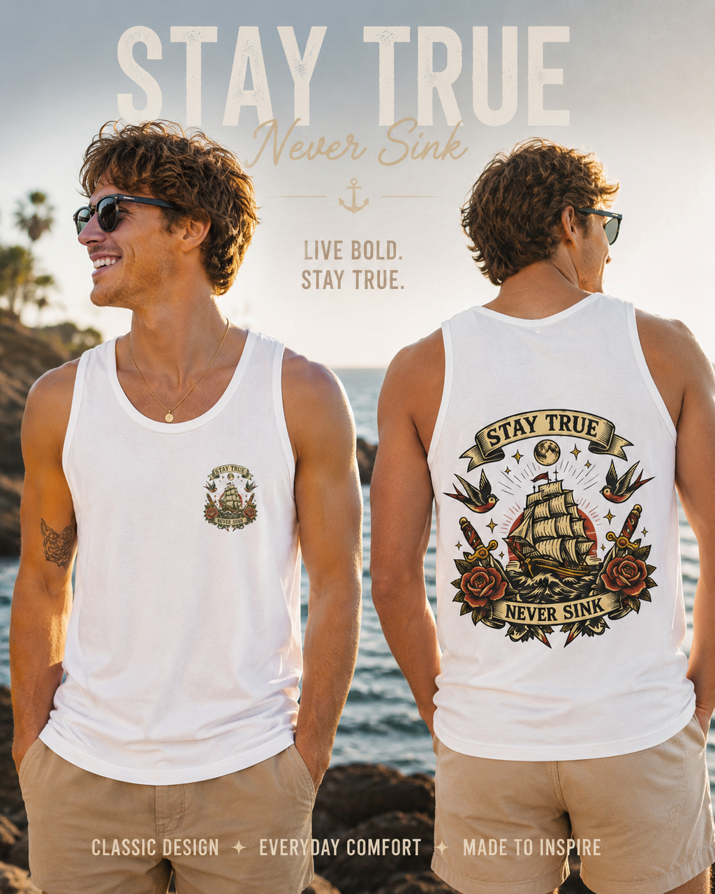 Stay True Never Sink Unisex Tank Top | Nautical Tattoo Style Summer Tank