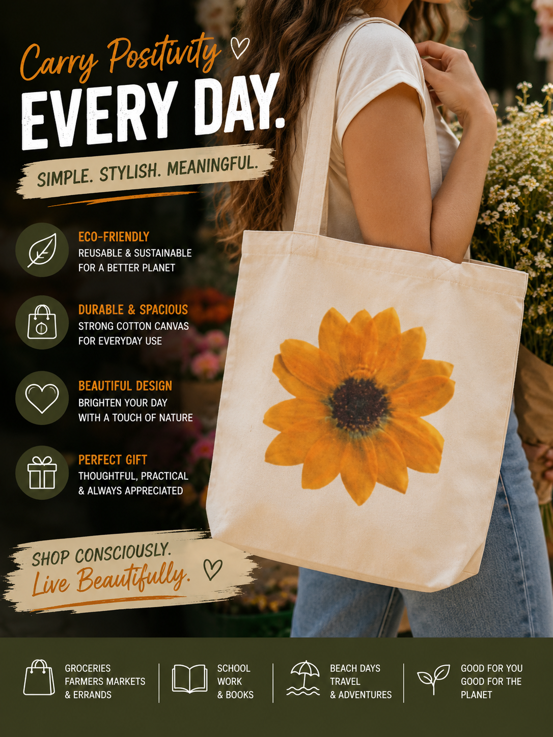 Sunflower Cotton Canvas Tote Bag | Eco-Friendly Floral Market Tote