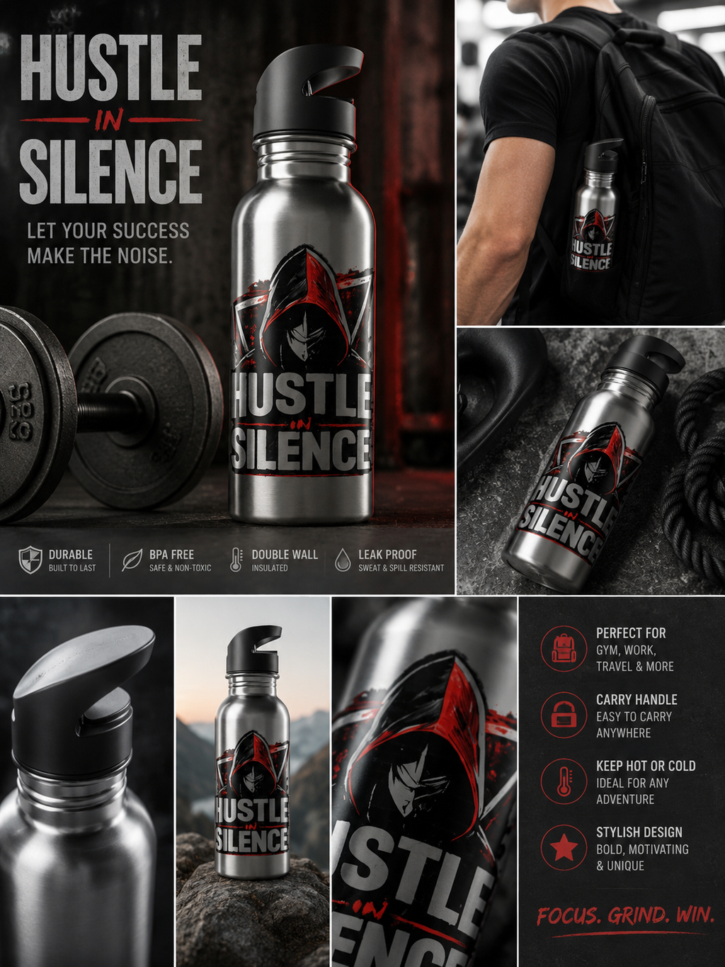 hustle in silence water bottle motivational stainless steel bottle gym bottle mindset drinkware entrepreneur bottle fitness water bottle