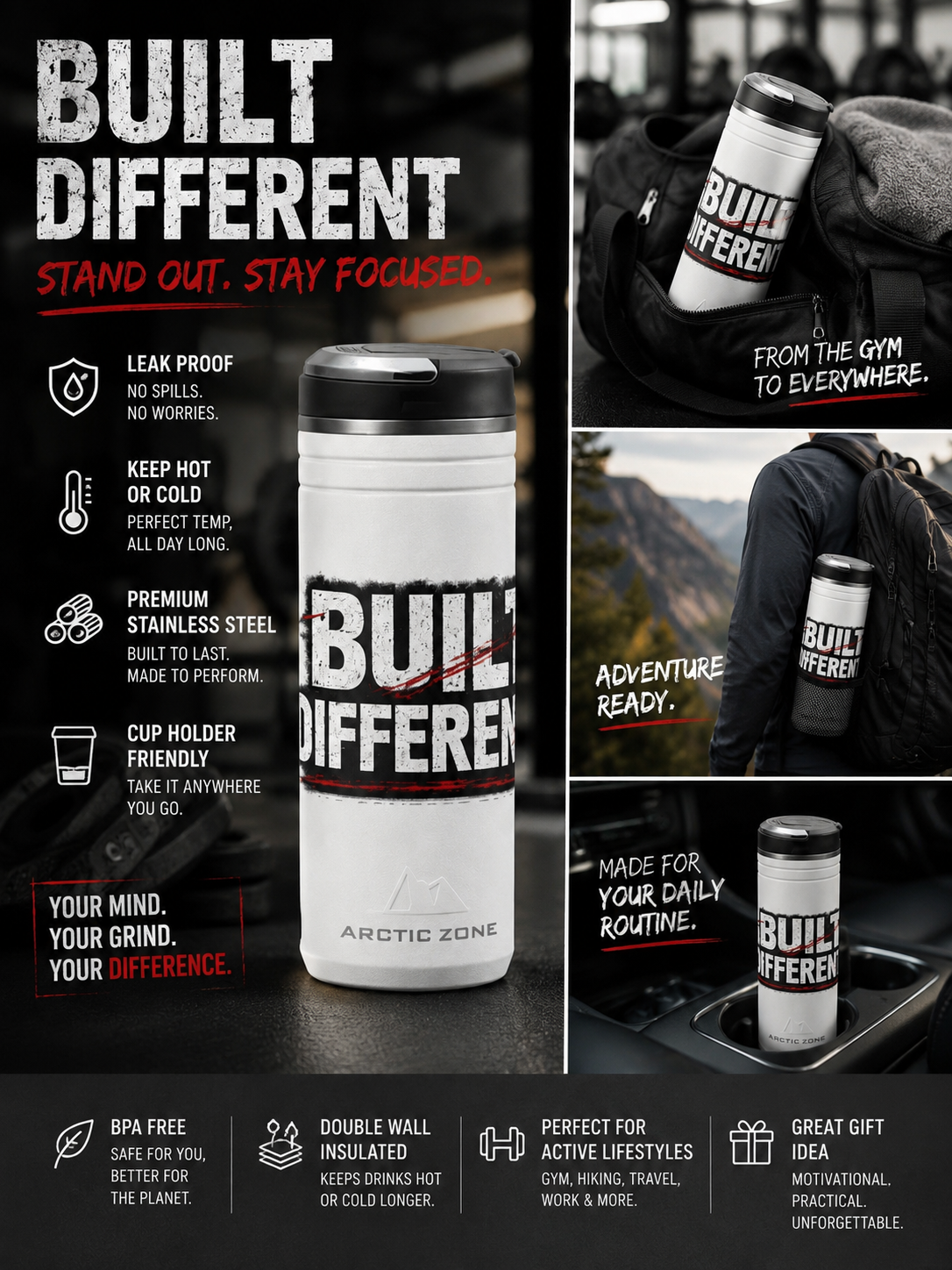 Built Different Tumbler 24oz insulated travel mug motivational tumbler gym coffee cup hustle mindset cup stainless steel tumbler
