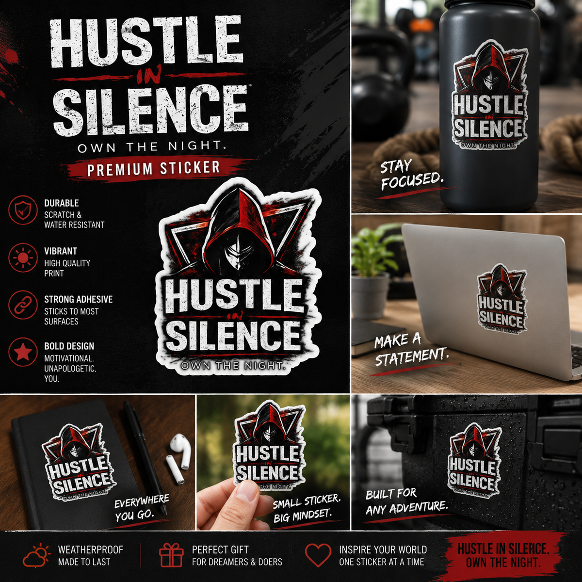 Hustle in Silence sticker Kiss-cut vinyl decal, hooded figure, gritty typography