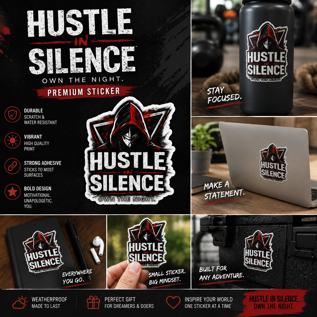 Hustle in Silence sticker Kiss-cut vinyl decal, hooded figure, gritty typography