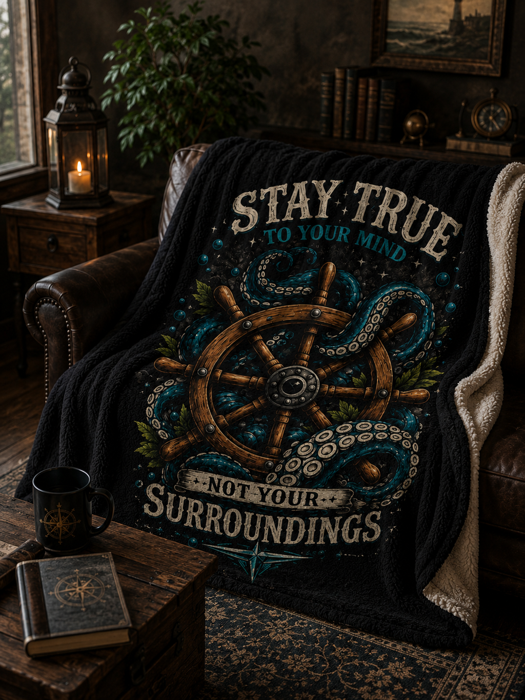 Nautical Sherpa Blanket Ocean Compass Throw Blanket Octopus Wheel Blanket Coastal Gothic Decor Cozy Sailor Gift Dark Academia Blanket