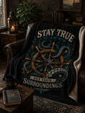 Nautical Sherpa Blanket Ocean Compass Throw Blanket Octopus Wheel Blanket Coastal Gothic Decor Cozy Sailor Gift Dark Academia Blanket