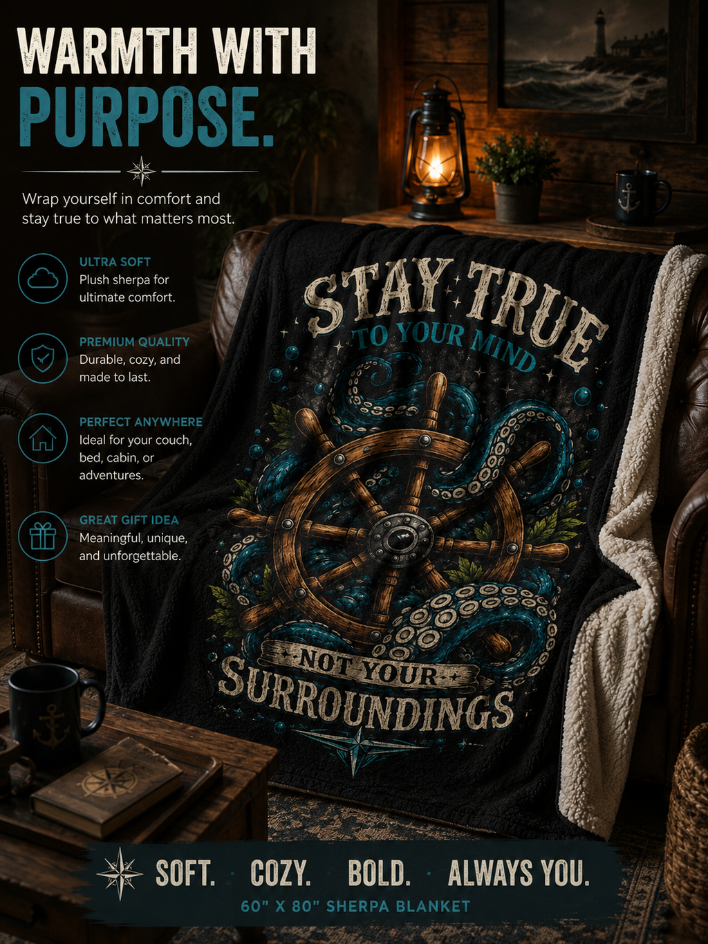 Nautical Sherpa Blanket Ocean Compass Throw Blanket Octopus Wheel Blanket Coastal Gothic Decor Cozy Sailor Gift Dark Academia Blanket