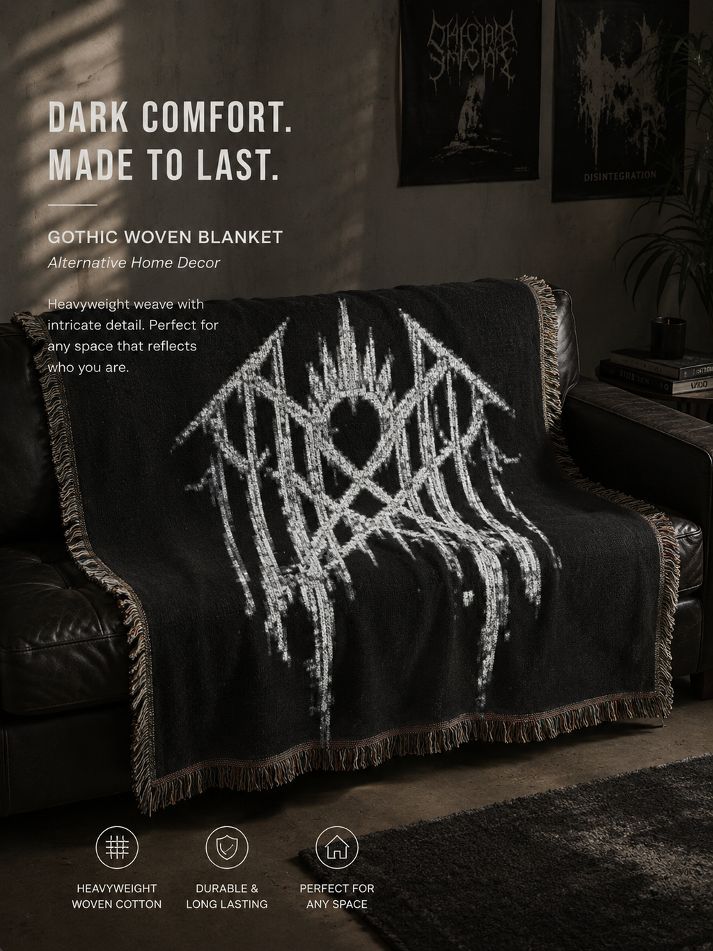 Gothic Woven Blanket Alternative Home Decor Dark Academia Throw Emo Gothic Couch Blanket Black Woven Throw Grunge Room Decor