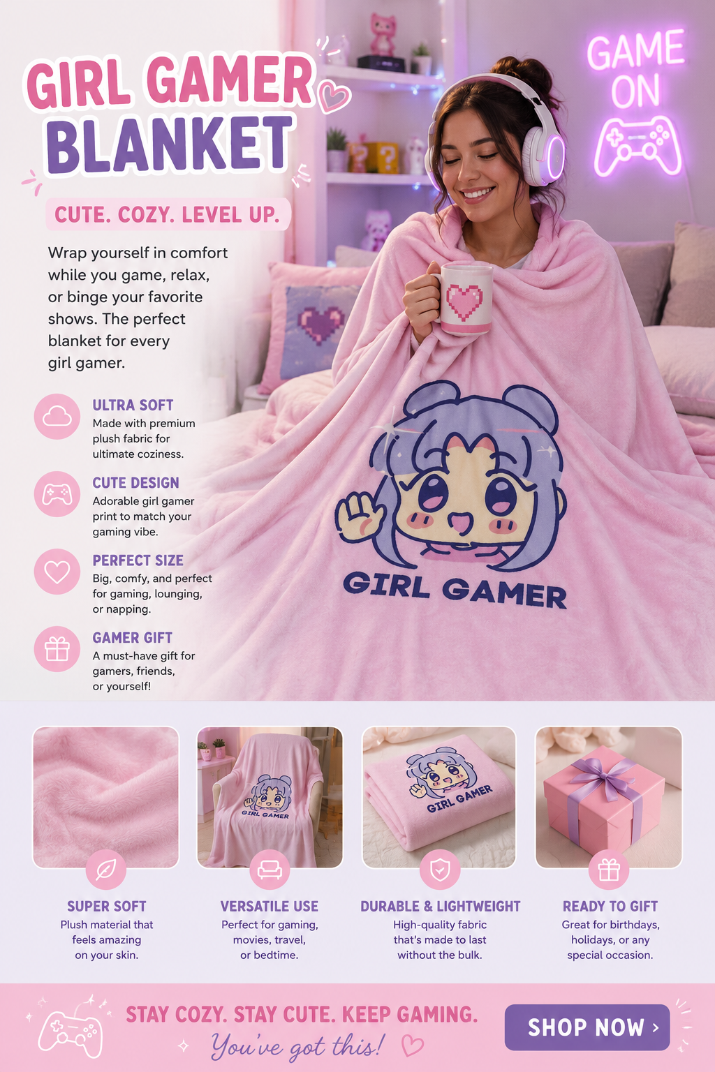 Girl Gamer Plush Blanket | Cute Kawaii Gaming Throw Blanket