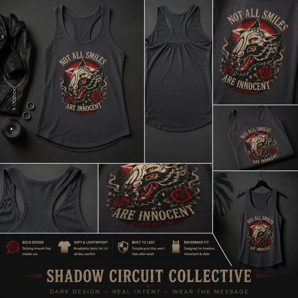 Not All Smiles Are Innocent Racerback Tank Wolf Graphic Tank Alternative Streetwear Gothic Tank Tattoo Style Women Shirt
