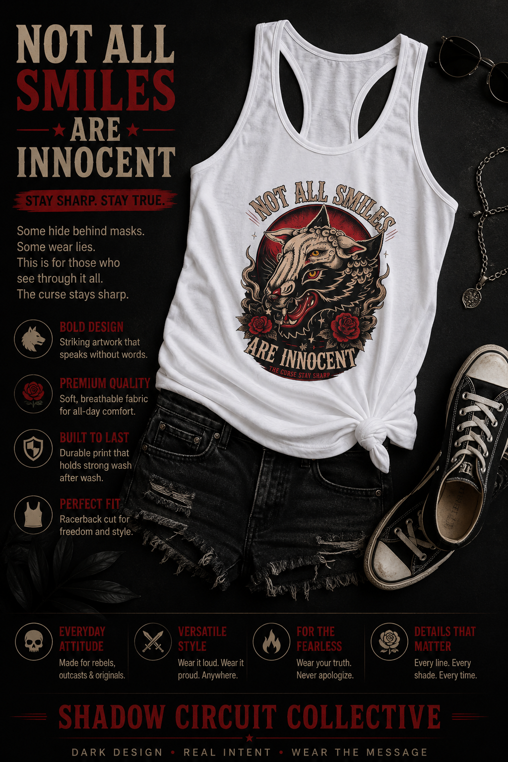 Not All Smiles Are Innocent Racerback Tank Wolf Graphic Tank Alternative Streetwear Gothic Tank Tattoo Style Women Shirt
