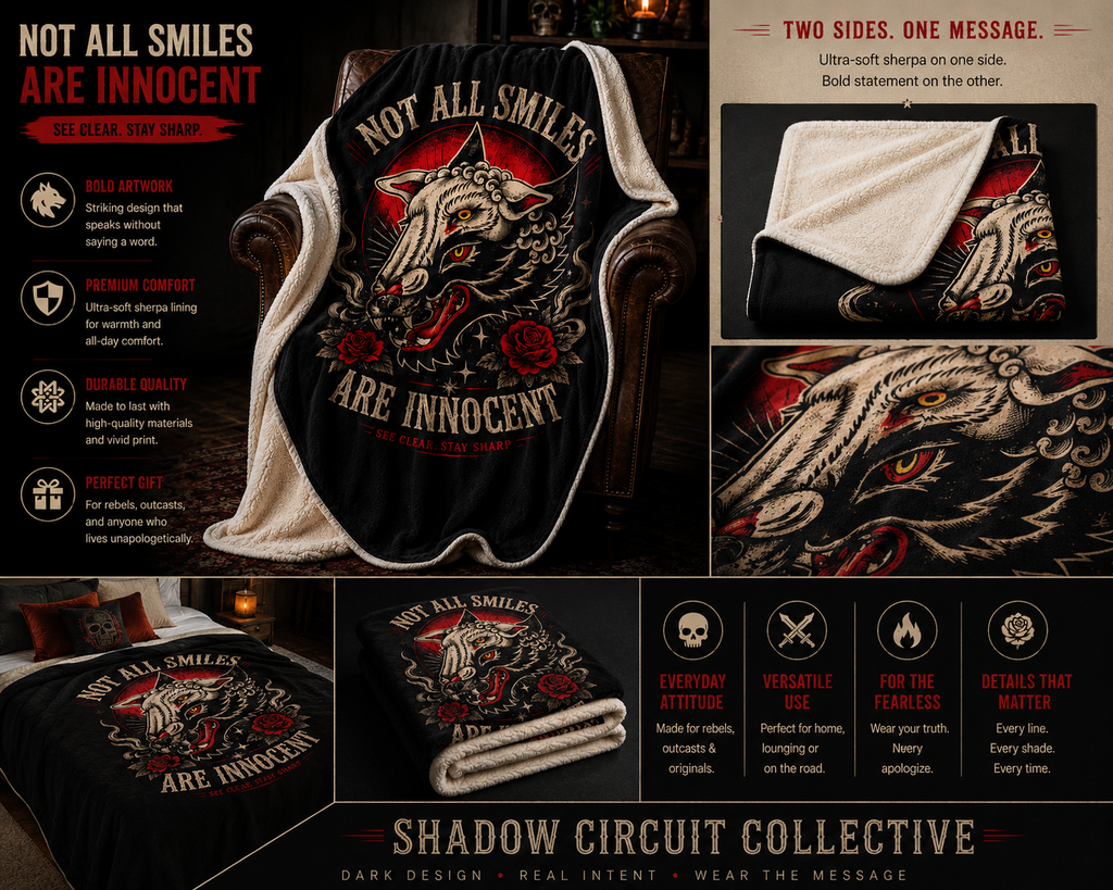 Not All Smiles Are Innocent Sherpa Blanket Gothic Wolf Throw Tattoo Style Blanket Dark Aesthetic Cozy Plush Blanket Alternative Home Decor