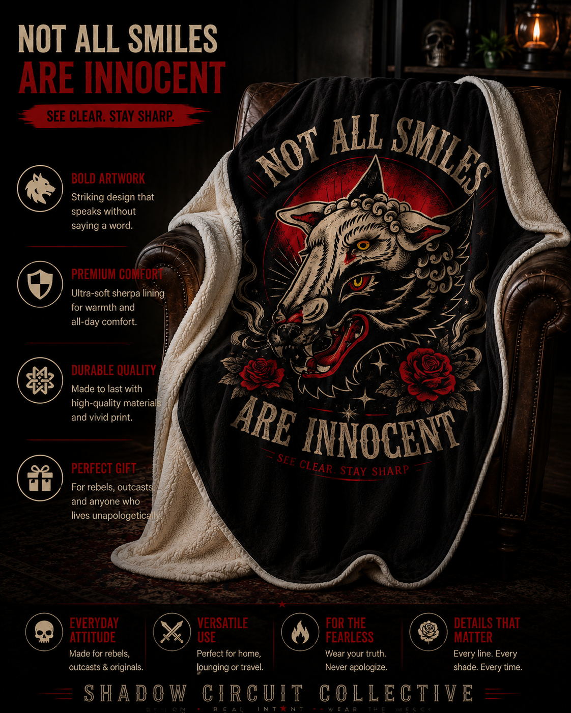 Not All Smiles Are Innocent Sherpa Blanket Gothic Wolf Throw Tattoo Style Blanket Dark Aesthetic Cozy Plush Blanket Alternative Home Decor