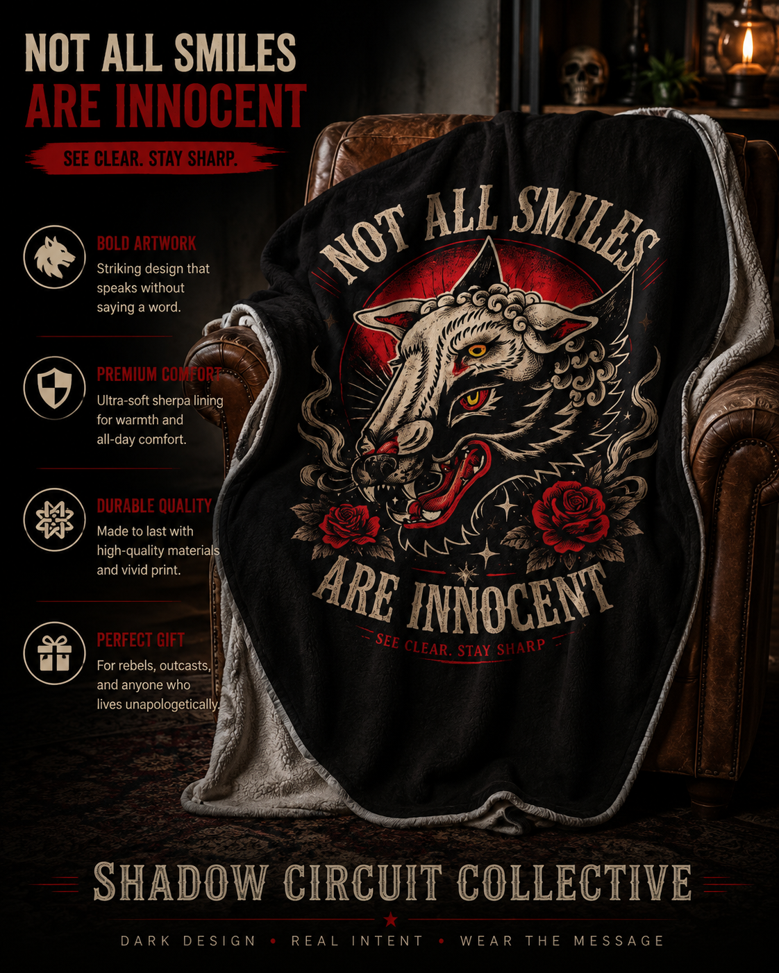 Not All Smiles Are Innocent Sherpa Blanket Gothic Wolf Throw Tattoo Style Blanket Dark Aesthetic Cozy Plush Blanket Alternative Home Decor