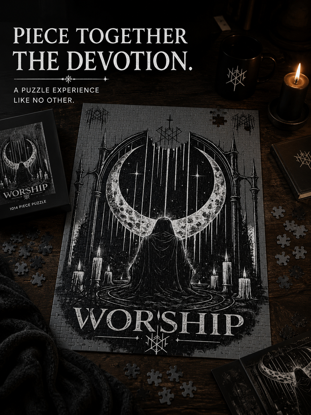 Piece together the ritual puzzle Worship Crescent Moon Altar Puzzle Gothic Occult Illustration