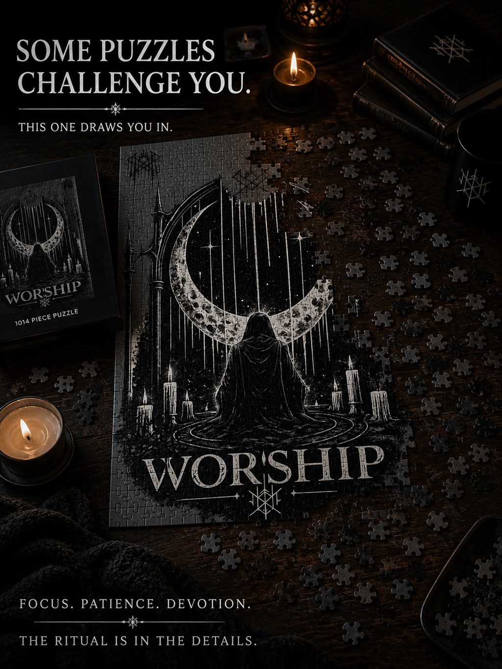 Piece together the ritual puzzle Worship Crescent Moon Altar Puzzle Gothic Occult Illustration