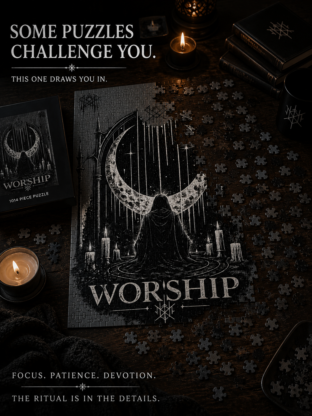 Piece together the ritual puzzle Worship Crescent Moon Altar Puzzle Gothic Occult Illustration