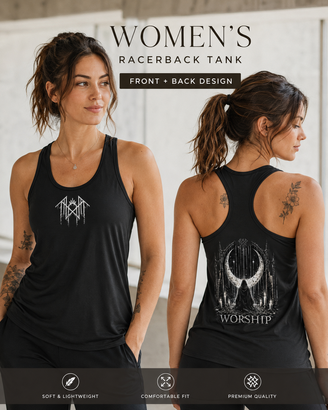 Worship Gothic Racerback Tank Top | Women’s Alternative Moon Graphic Shirt | Front & Back Print Tank