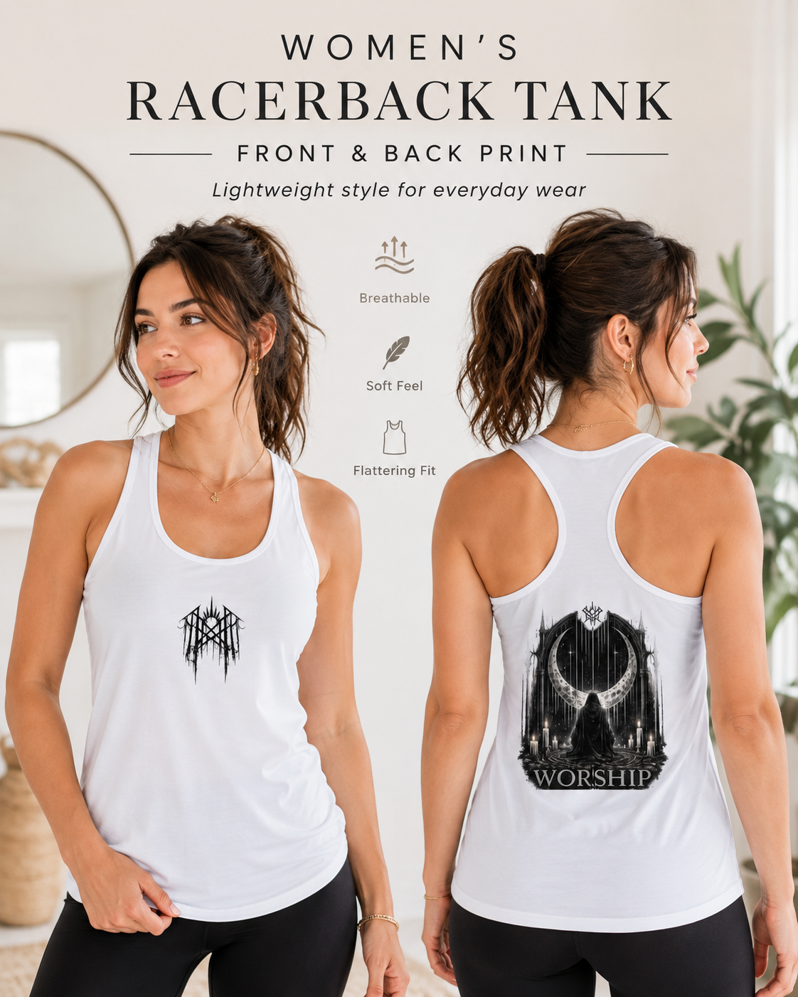 Worship Gothic Racerback Tank Top | Women’s Alternative Moon Graphic Shirt | Front & Back Print Tank