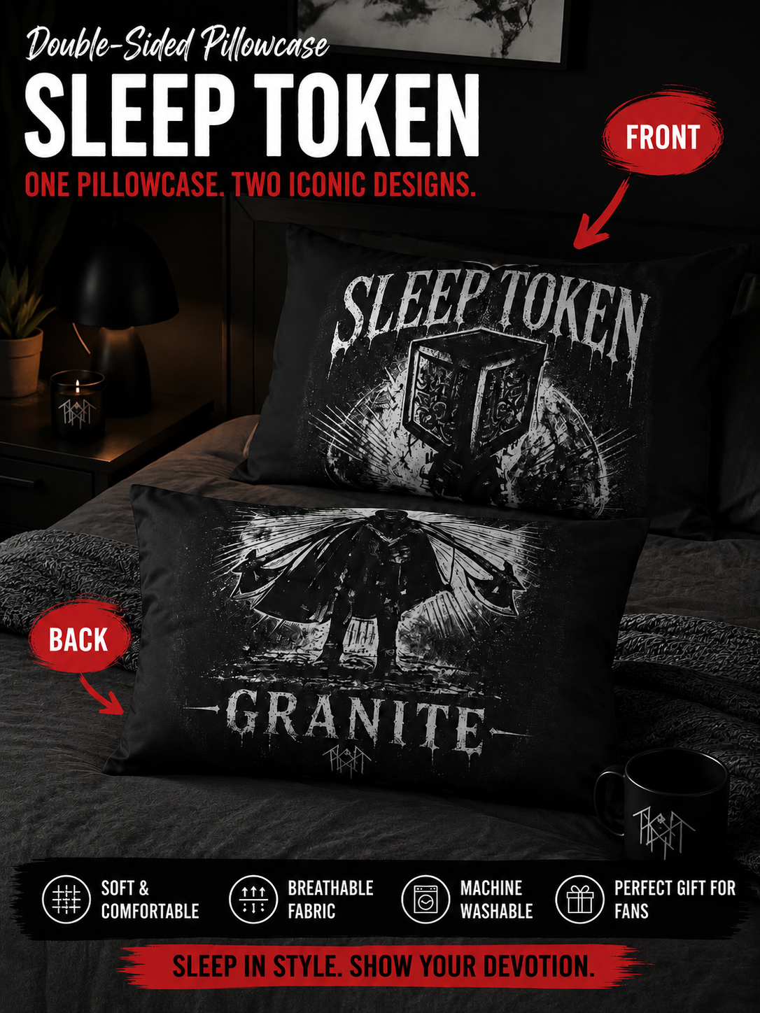 Sleep Token 'Granite' Microfiber Pillowcase – Gothic Band Logo Sleep Pillow