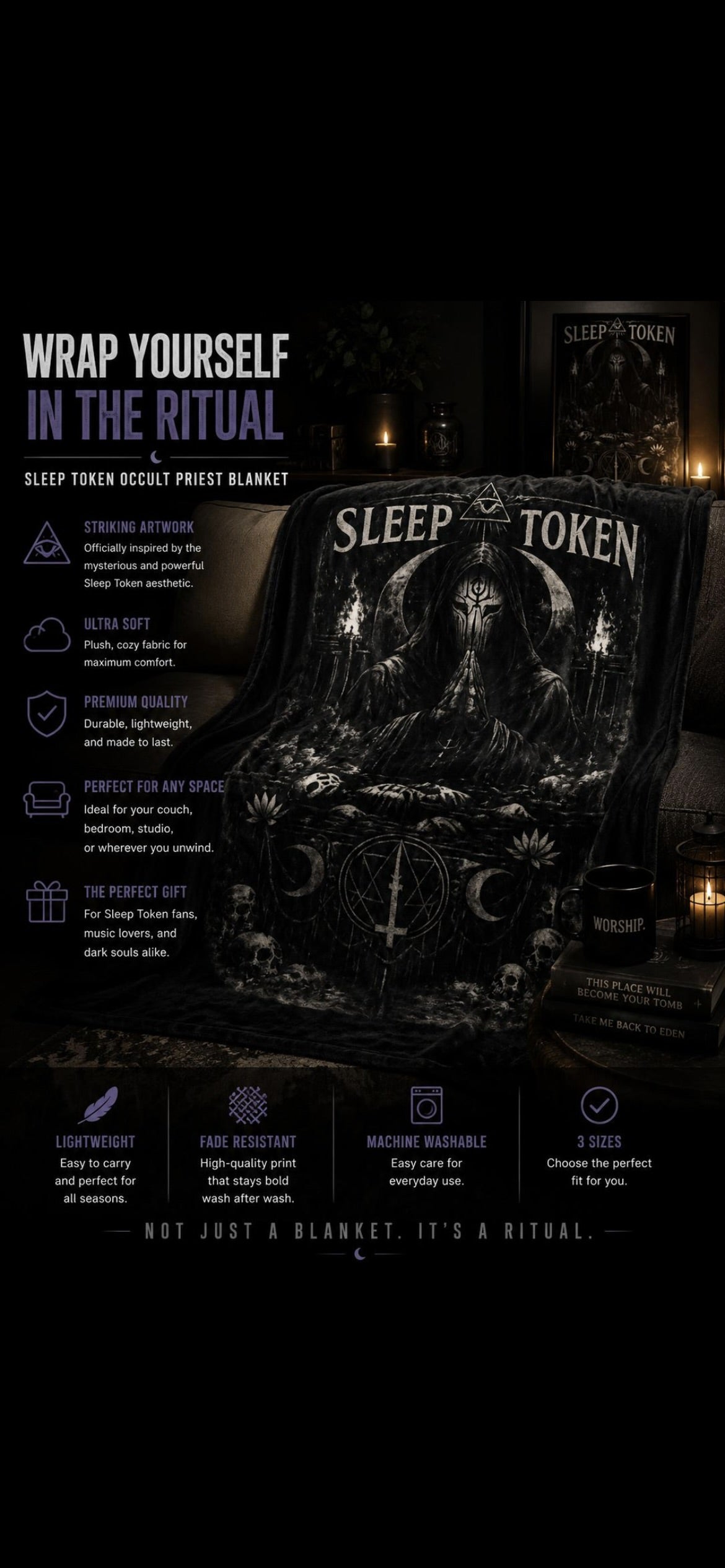 Sleep Token priest artwork Velveteen Blanket | dark gothic skulls crescent moons