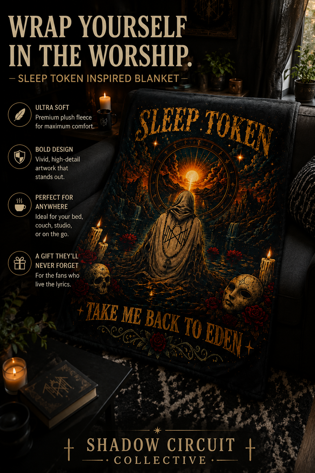 Sleep Token Inspired “Take Me Back to Eden” Plush Blanket | Ultra Soft Gothic Throw Blanket | Cozy Fan Gift
