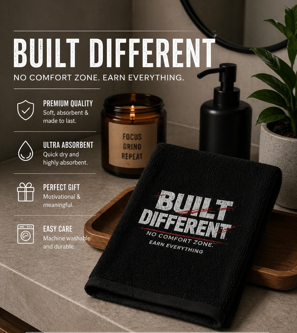 Built Different graphic Hand Towel | Motivational No Comfort Zone design