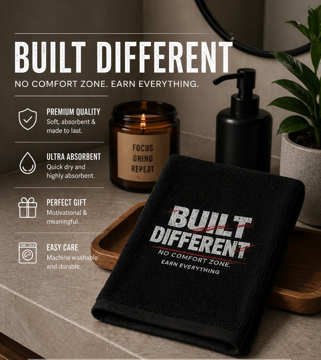 Built Different graphic Hand Towel | Motivational No Comfort Zone design