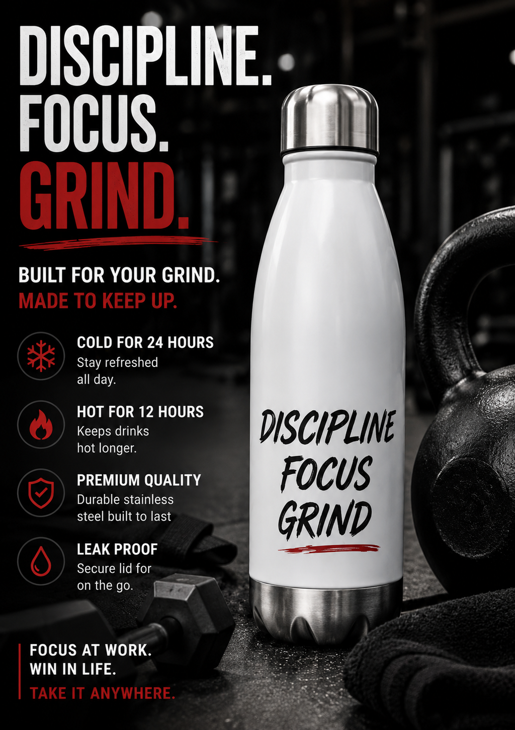 Discipline Focus Grind 20oz Insulated Bottle – Motivational Stainless Water Bottle