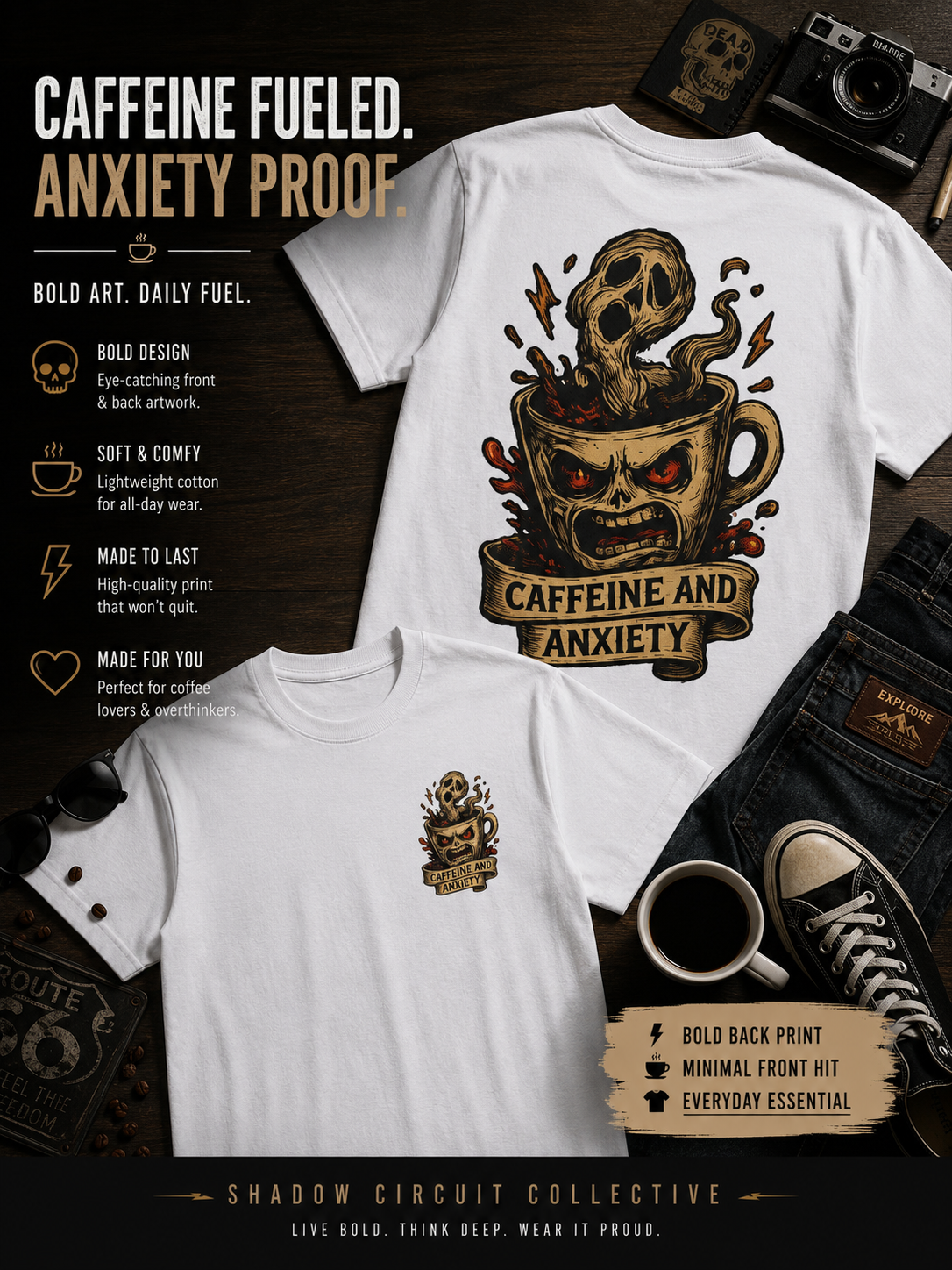 Caffeine and Anxiety Shirt Funny Coffee Shirt Skull Coffee Graphic Tee Dark Humor Shirt Mental Health Shirt Unisex Streetwear