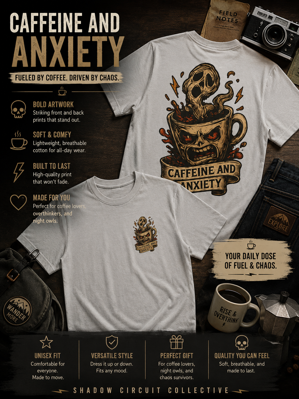 Caffeine and Anxiety Shirt Funny Coffee Shirt Skull Coffee Graphic Tee Dark Humor Shirt Mental Health Shirt Unisex Streetwear