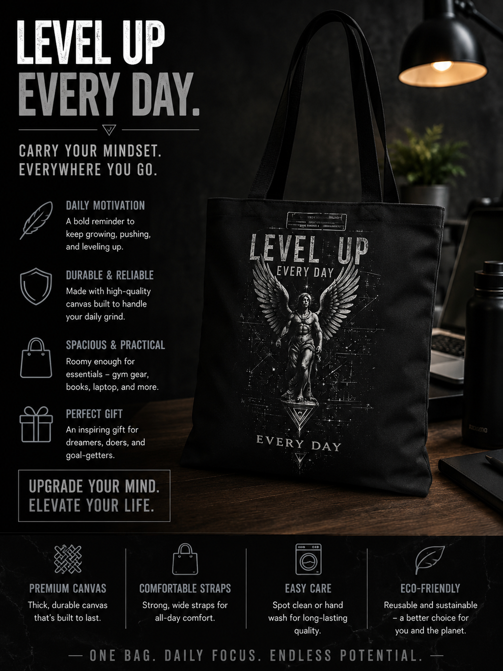 Level Up Every Day Angel Statue Tote Bag — Motivational Graphic Tote for Gamers & Fitness Fans