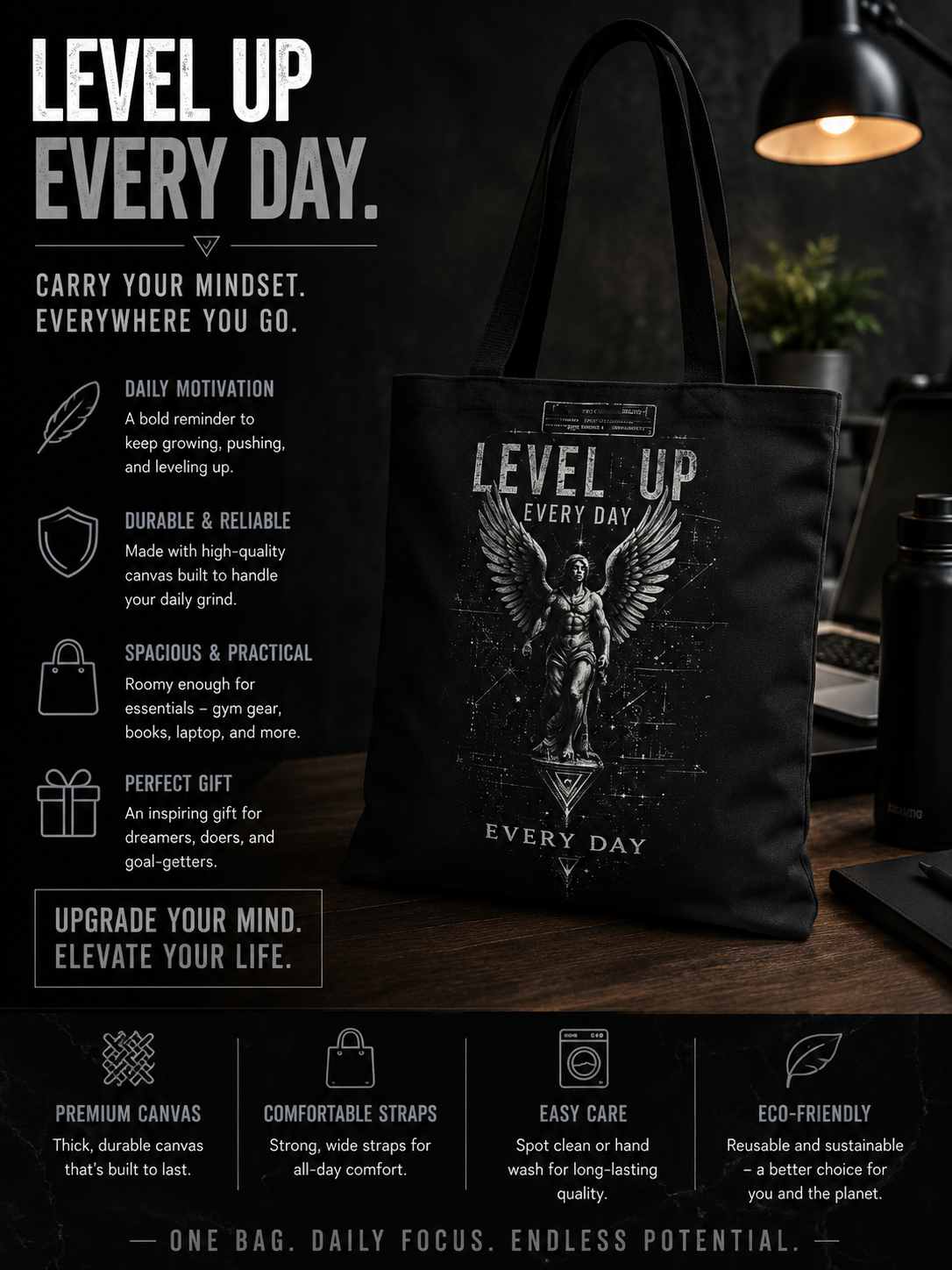 Level Up Every Day Angel Statue Tote Bag — Motivational Graphic Tote for Gamers & Fitness Fans