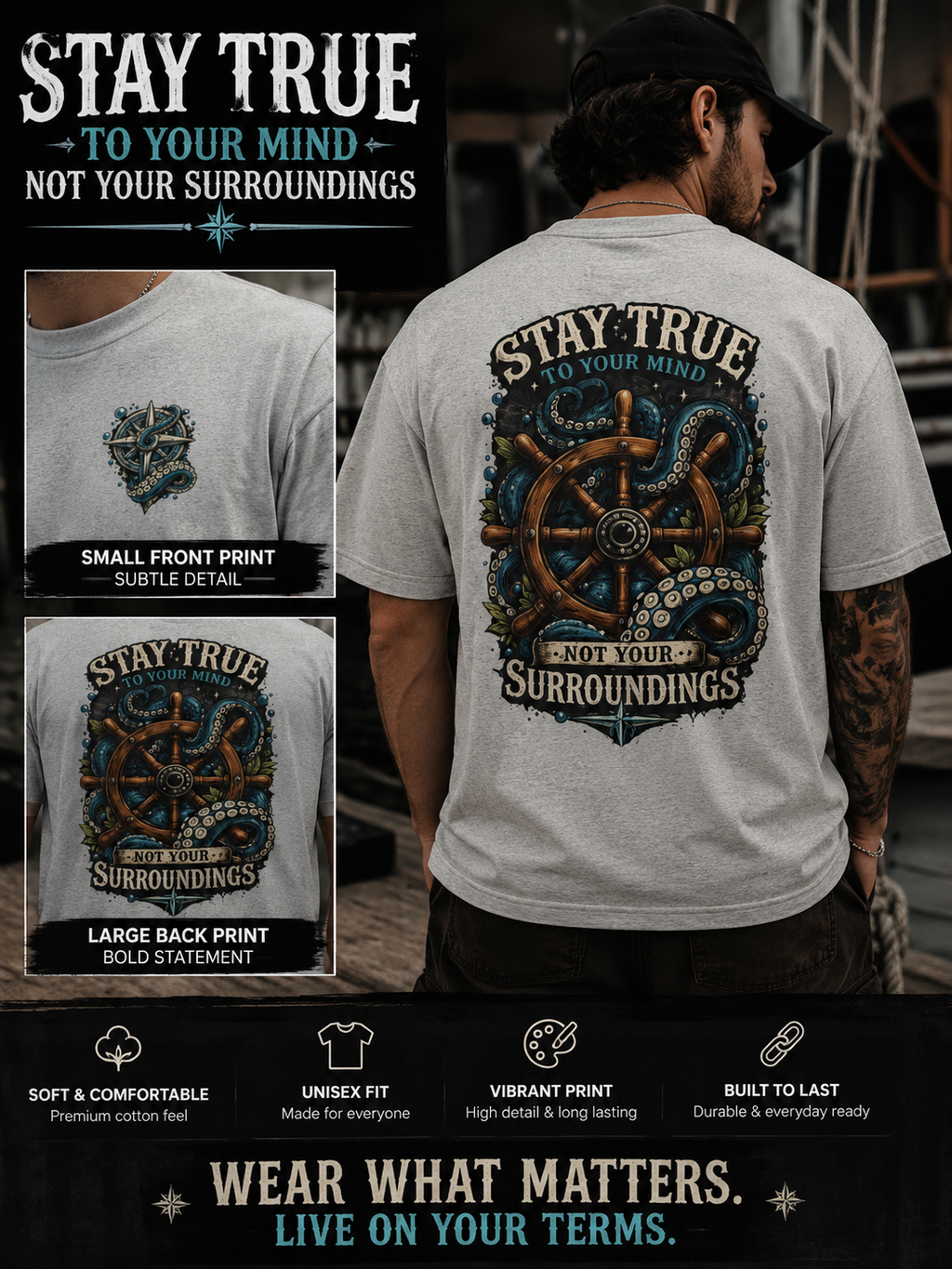Stay True Anchor Tee — Nautical Ship Wheel & Octopus Graphic T-Shirt
