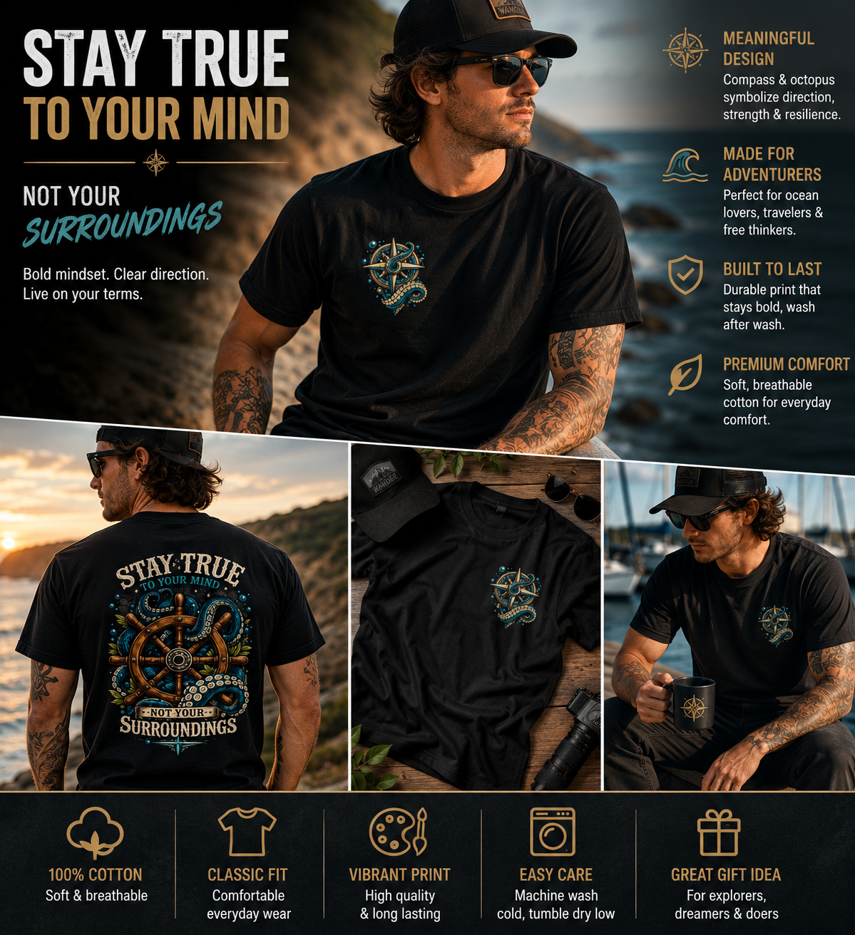 Stay True Anchor Tee — Nautical Ship Wheel & Octopus Graphic T-Shirt