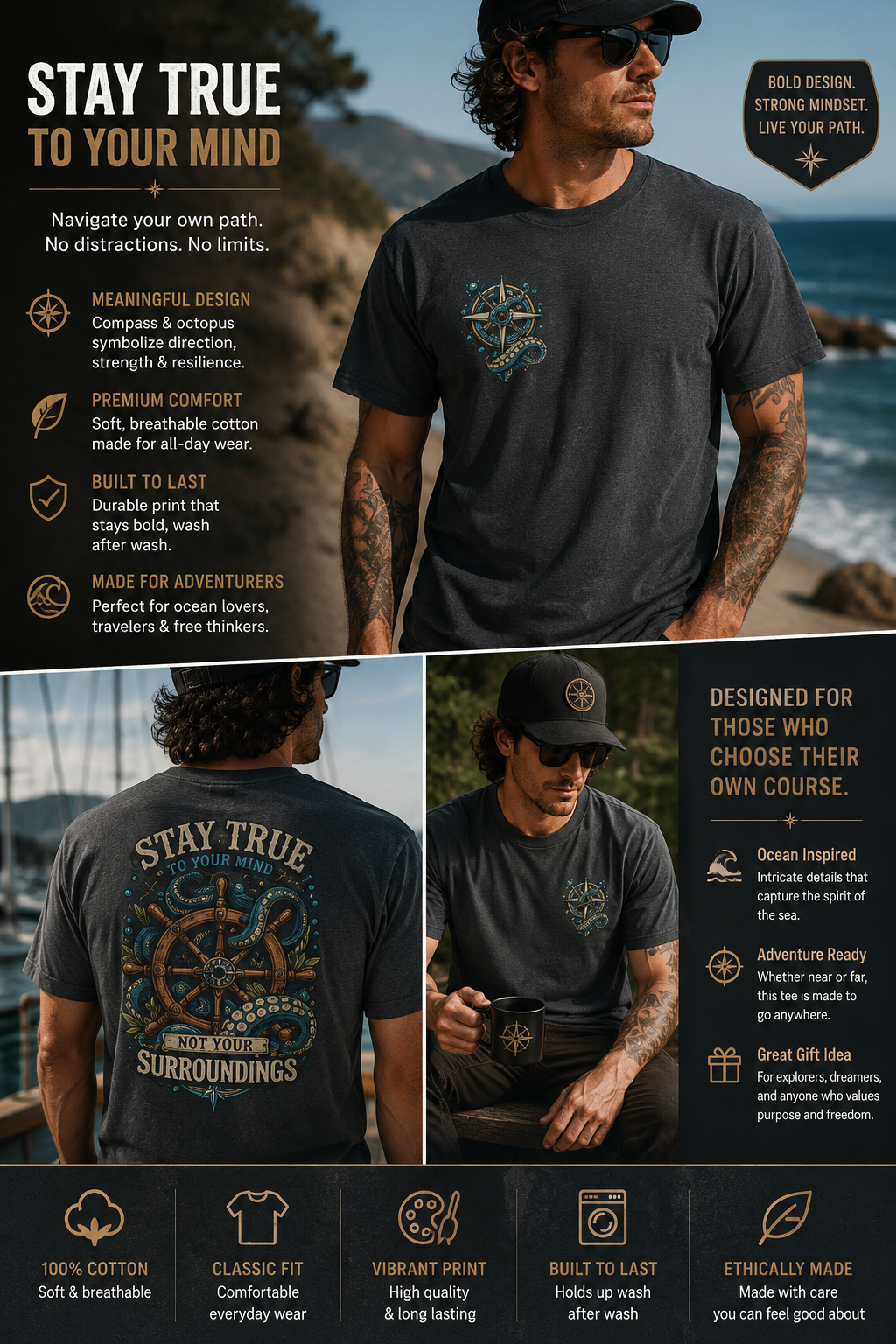 Stay True Anchor Tee — Nautical Ship Wheel & Octopus Graphic T-Shirt