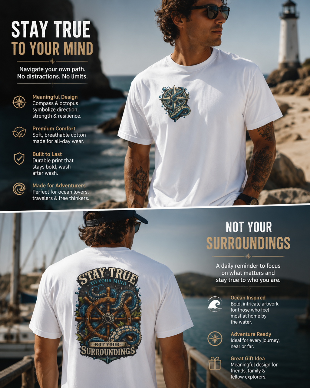 Stay True Anchor Tee — Nautical Ship Wheel & Octopus Graphic T-Shirt