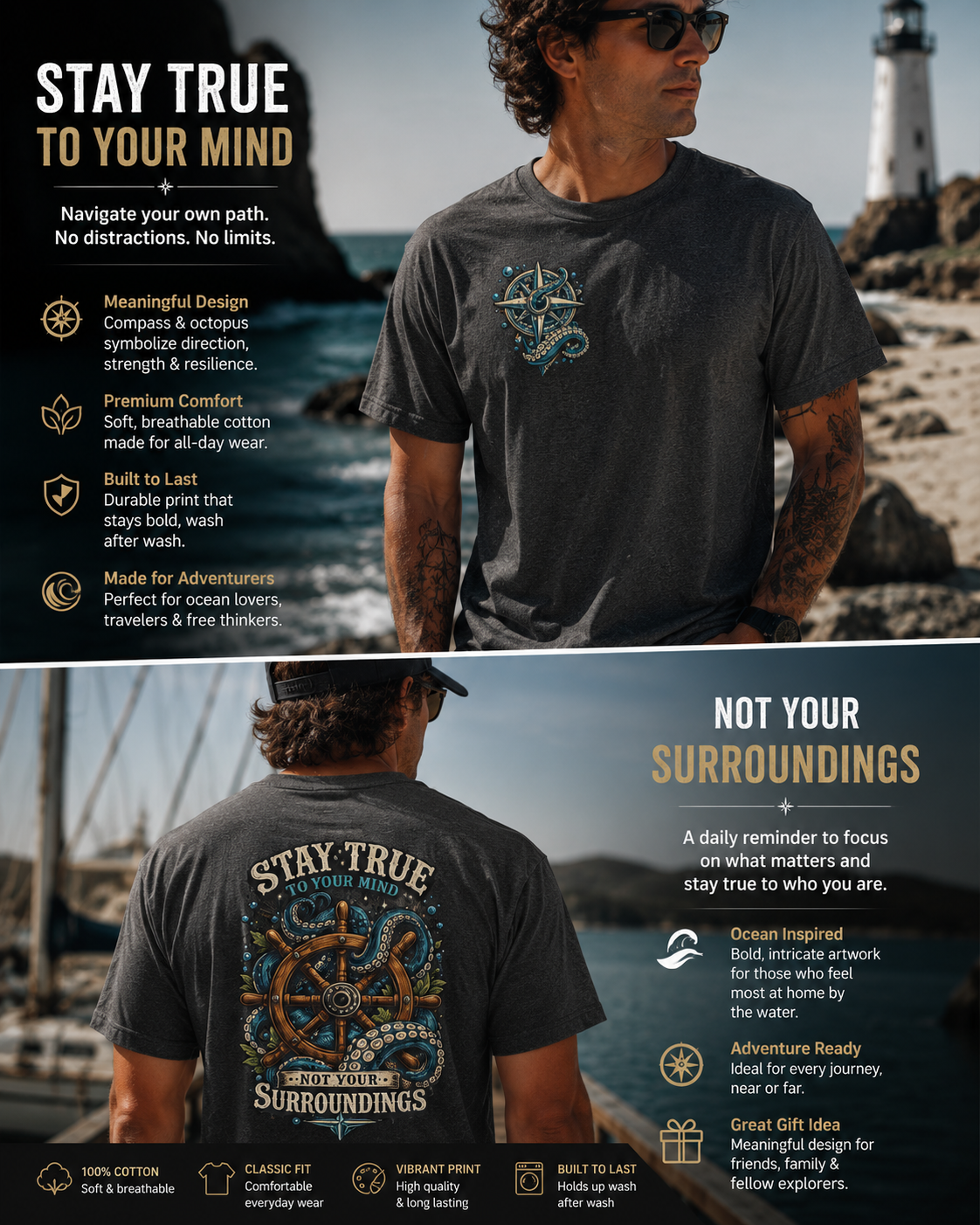 Stay True Anchor Tee — Nautical Ship Wheel & Octopus Graphic T-Shirt