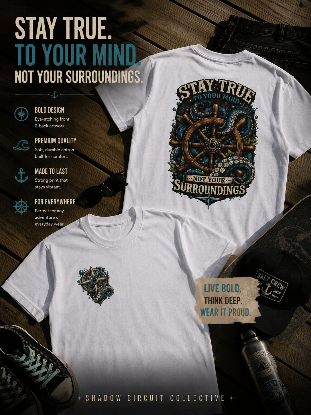 Stay True Anchor Tee — Nautical Ship Wheel & Octopus Graphic T-Shirt
