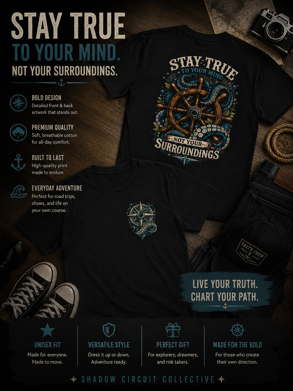Stay True Anchor Tee — Nautical Ship Wheel & Octopus Graphic T-Shirt