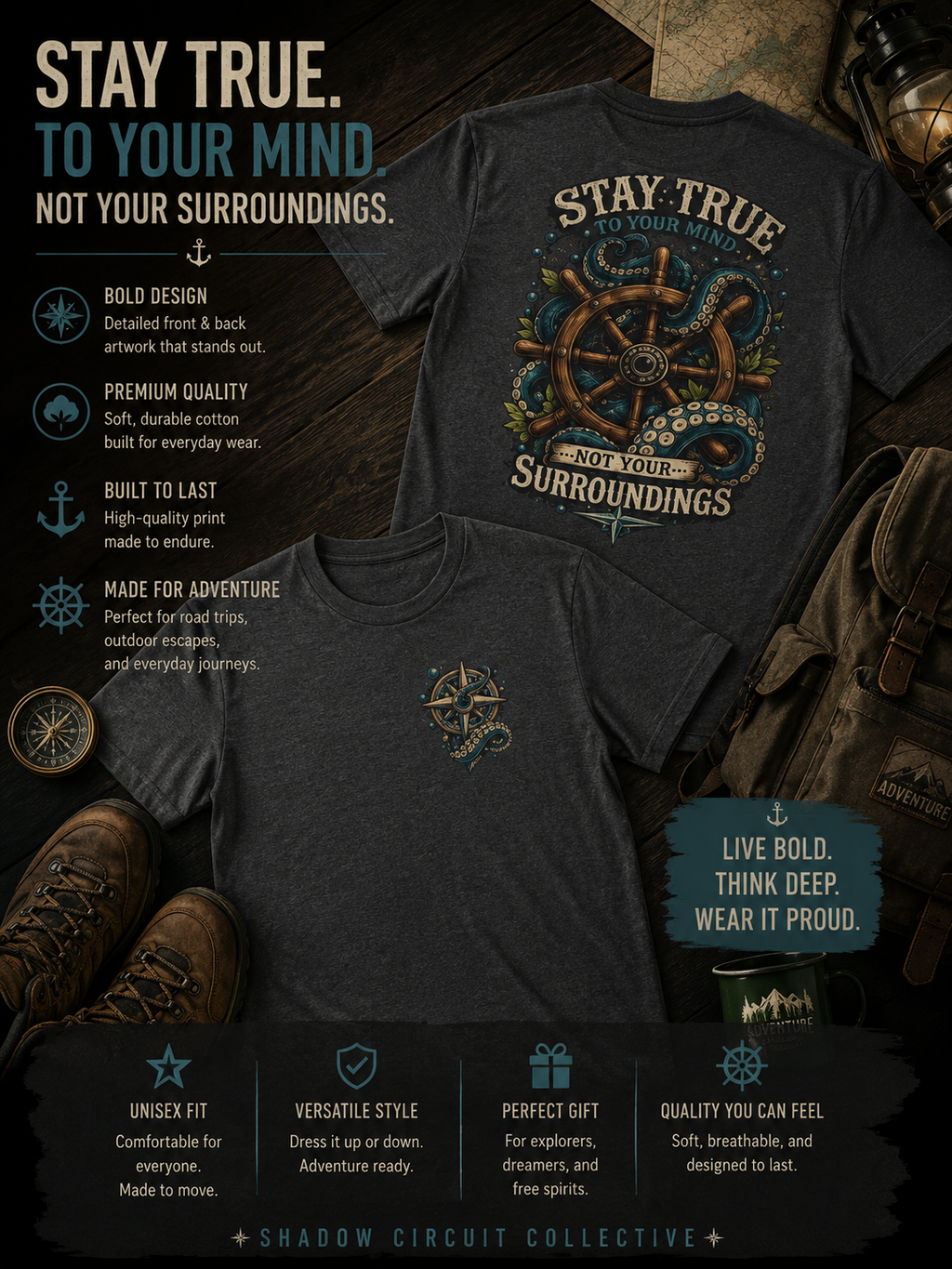 Stay True Anchor Tee — Nautical Ship Wheel & Octopus Graphic T-Shirt