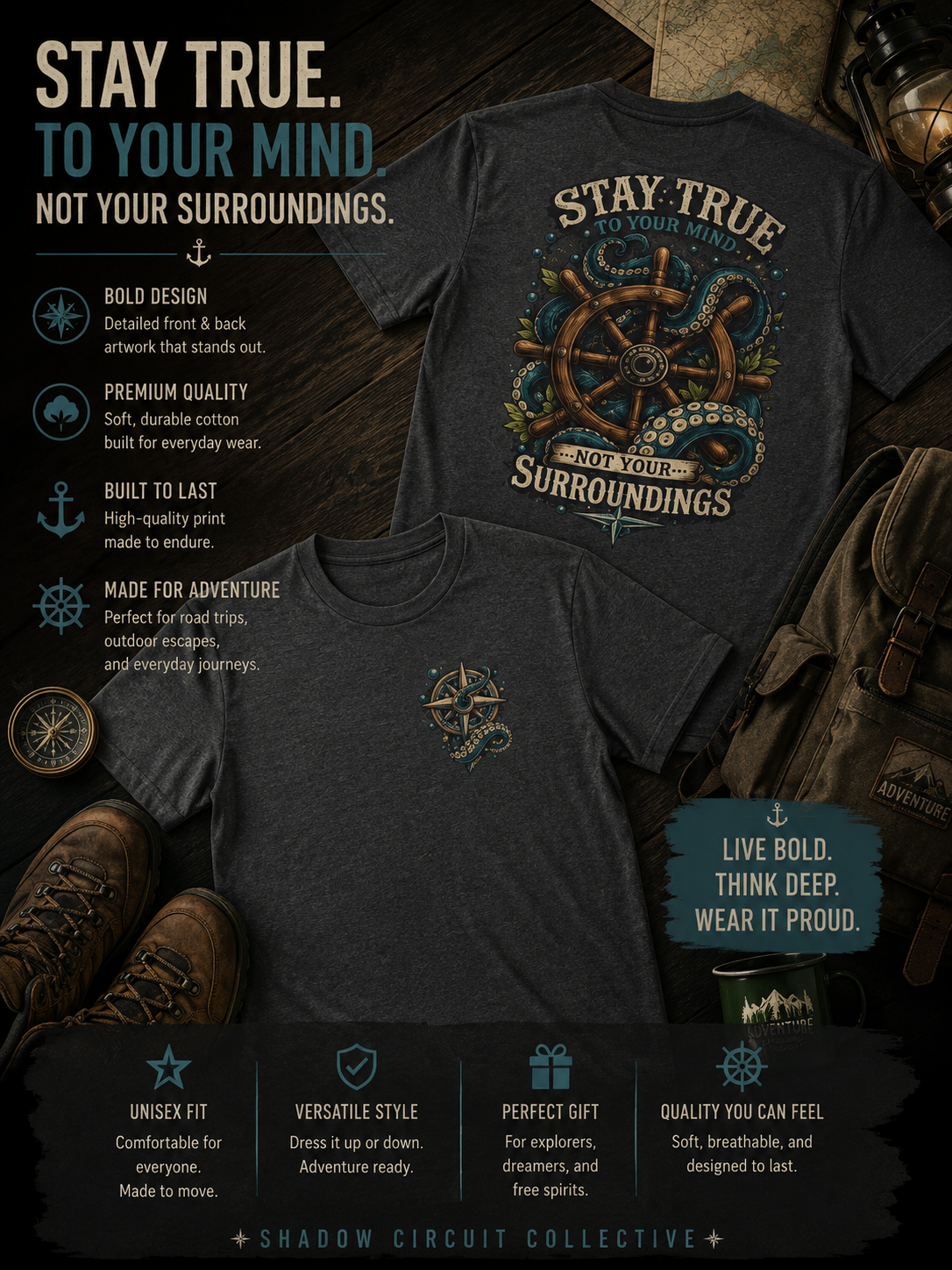 Stay True Anchor Tee — Nautical Ship Wheel & Octopus Graphic T-Shirt