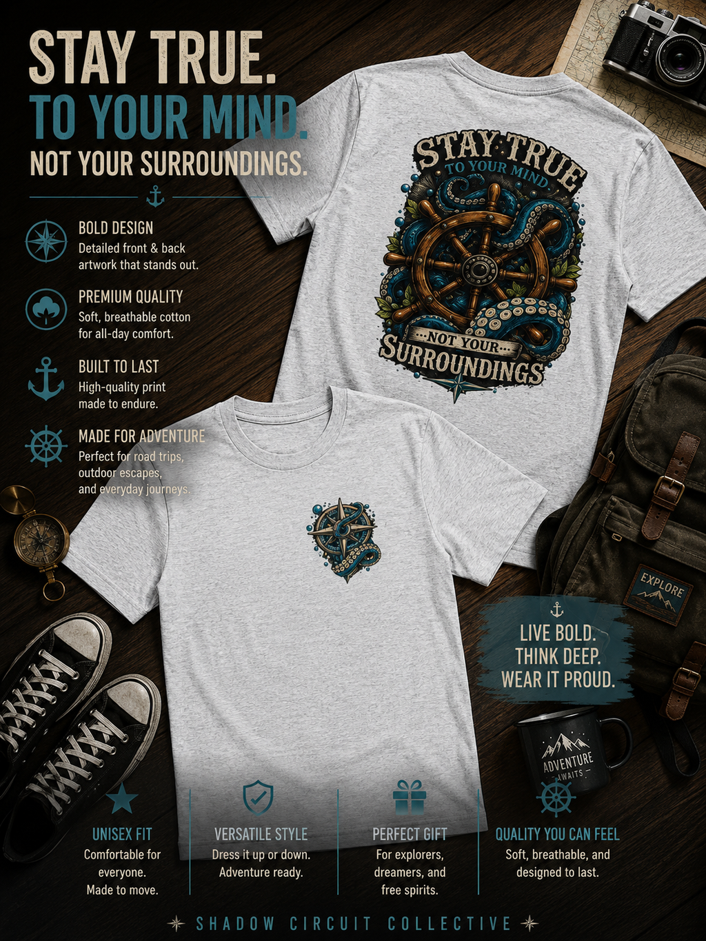 Stay True Anchor Tee — Nautical Ship Wheel & Octopus Graphic T-Shirt