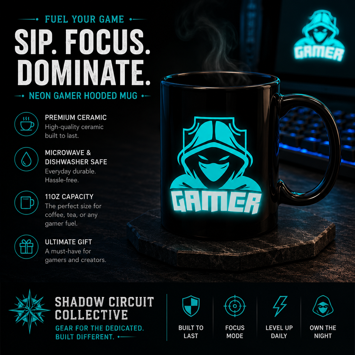 Gaming Mug 11oz Neon Gamer Design Coffee Cup Black Ceramic Gamer Mug