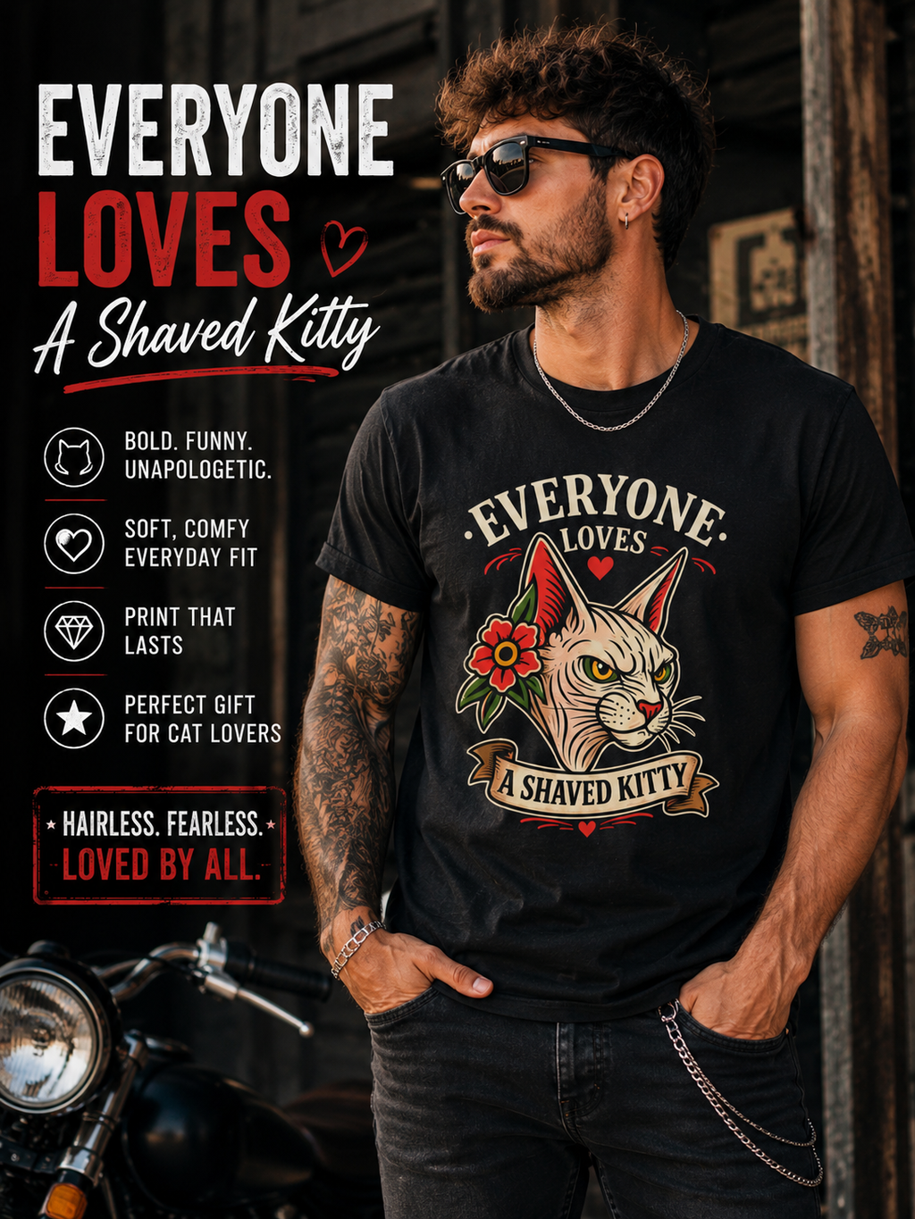 Everyone Loves A Shaved Kitty Shirt Funny Cat Lover T Shirt Retro Tattoo Style Tee Sphynx Cat Shirt Funny Graphic Tee Unisex Black Shirt