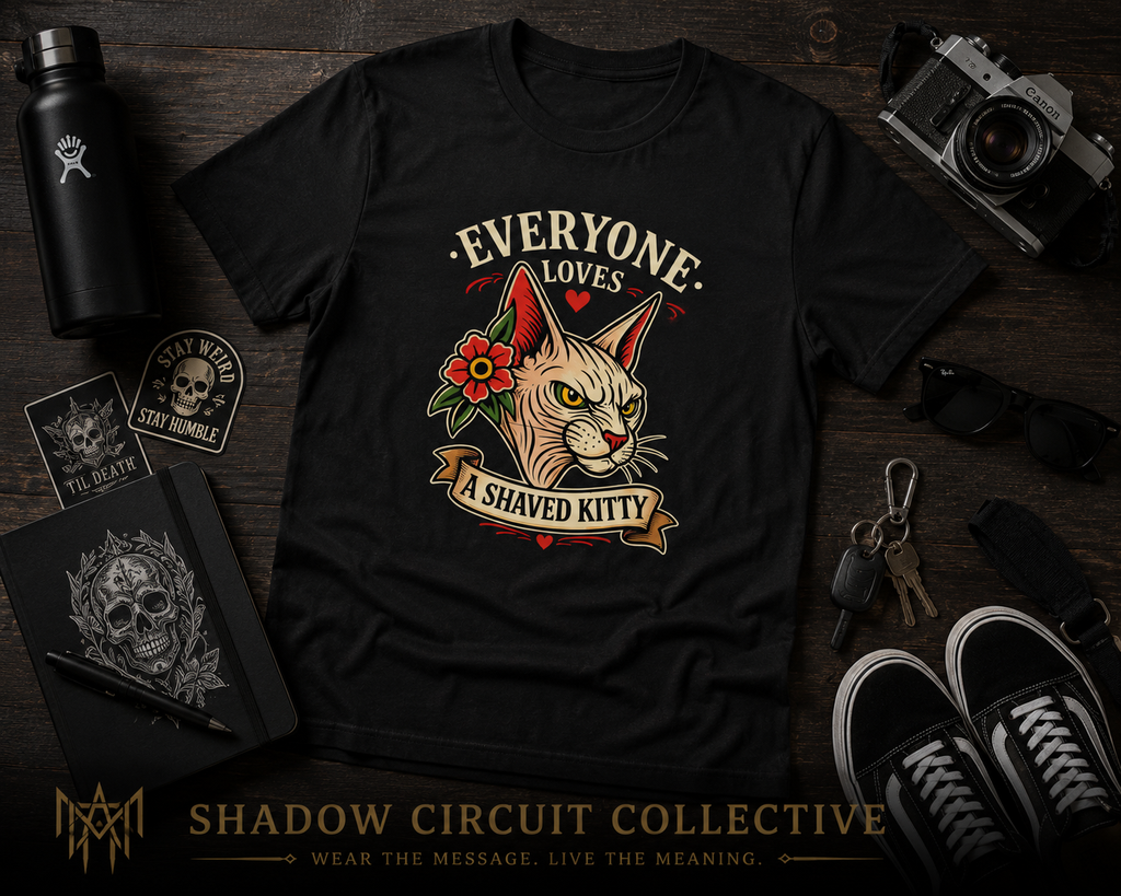 Everyone Loves A Shaved Kitty Shirt Funny Cat Lover T Shirt Retro Tattoo Style Tee Sphynx Cat Shirt Funny Graphic Tee Unisex Black Shirt