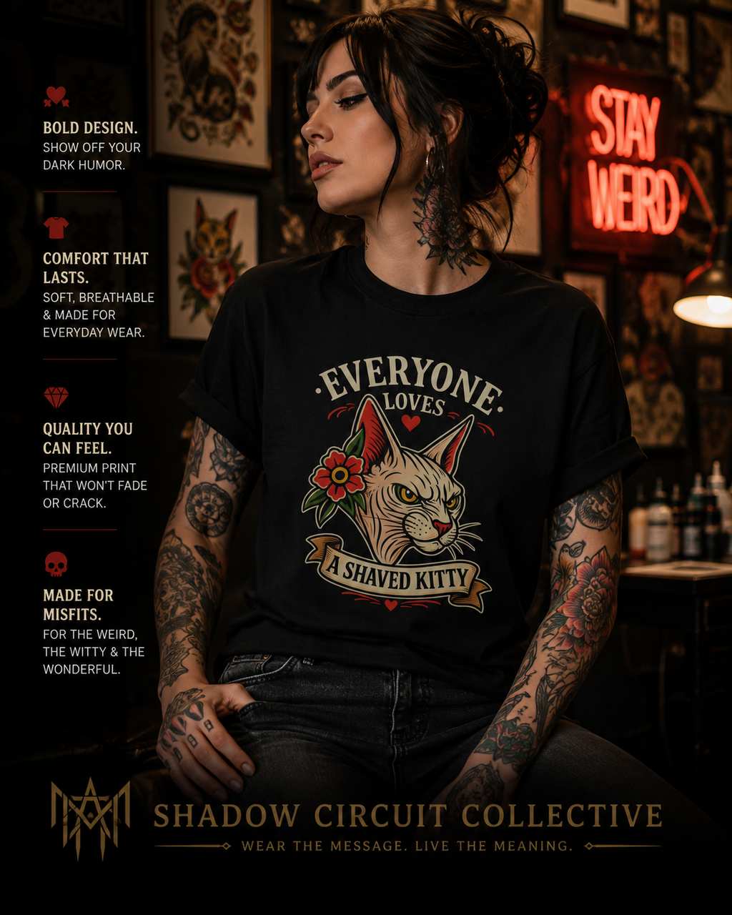 Everyone Loves A Shaved Kitty Shirt Funny Cat Lover T Shirt Retro Tattoo Style Tee Sphynx Cat Shirt Funny Graphic Tee Unisex Black Shirt