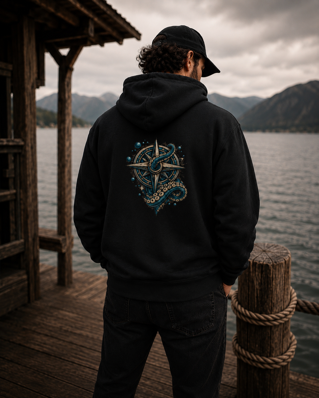 Nautical Compass & Octopus Zip Hoodie — Steampunk Sea Skull Design